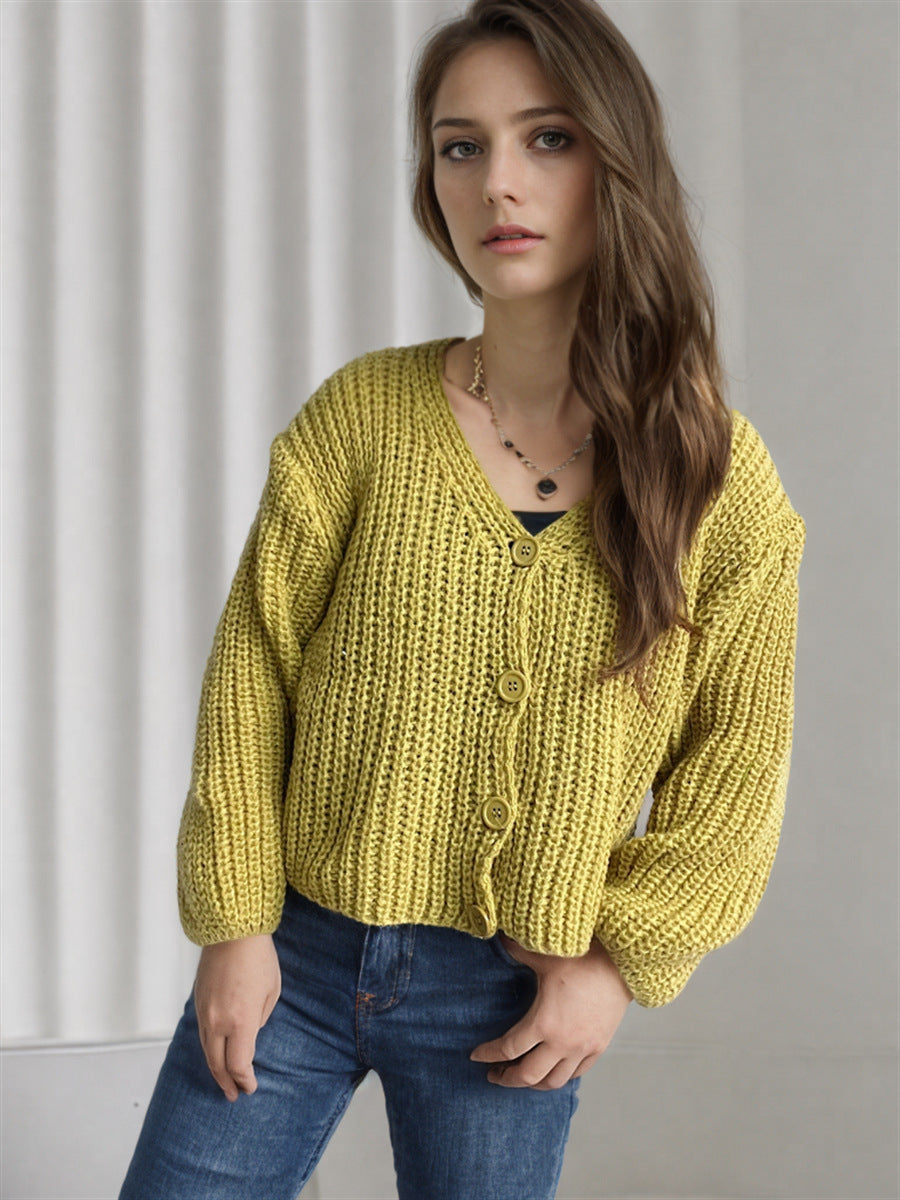 Kvinders cropped cardigan med chunky strikstruktur og store knapper Stilla
