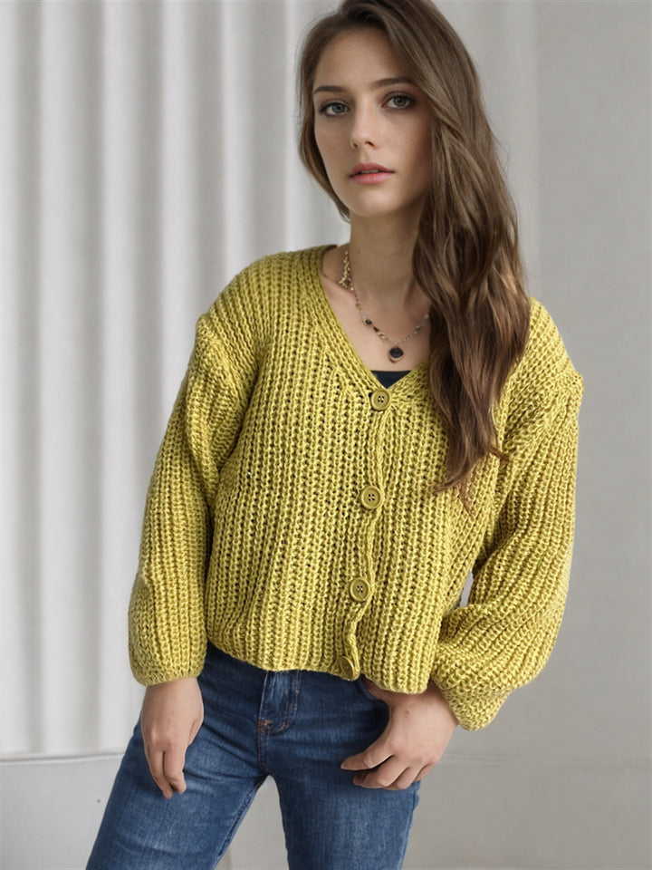 Kvinders cropped cardigan med chunky strikstruktur og store knapper Stilla