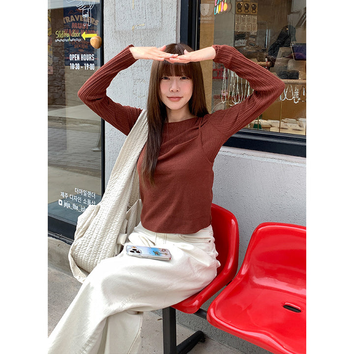 Dame komfortabel longsleeve overdel med fin ribstruktur og aftagelig top Stilla