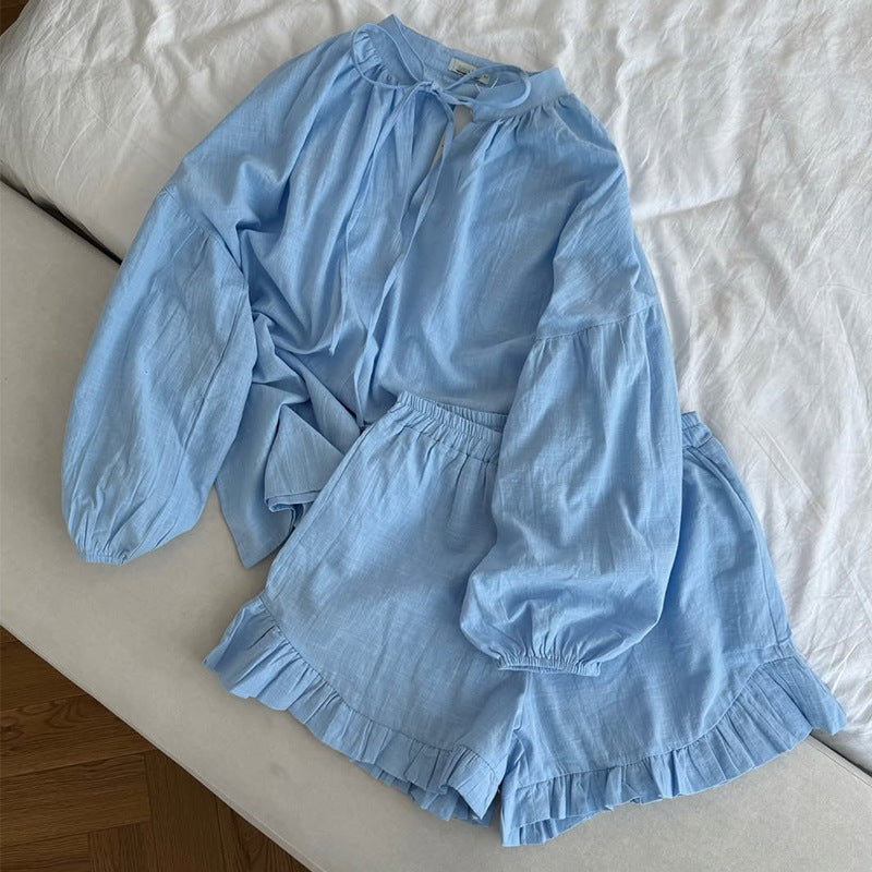 Dame Linned Shorts-Sæt med voluminøse ærmer og flæsedetaljer Stilla
