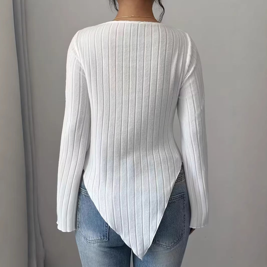 Kvinders langærmet top med asymmetrisk kant og tekstureret ribdesign Stilla