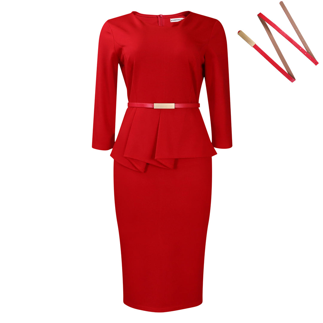 Dame elegant Peplum-kjole med figursyet skirt og aftageligt bælte Stilla