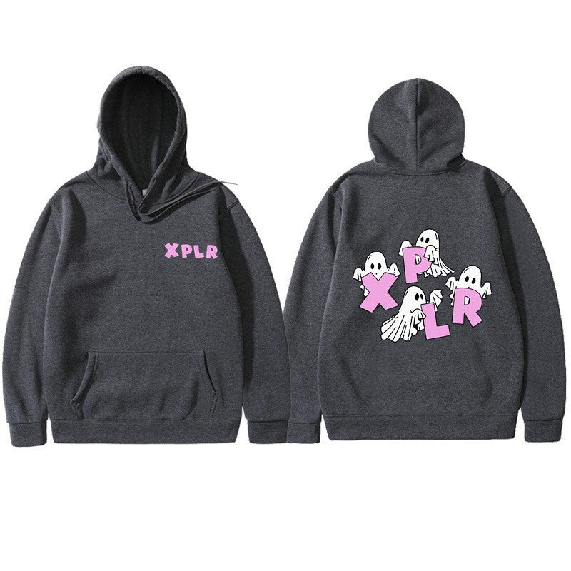 Dame hoodie med kreativt spøgelsesmotiv og kangaroo lomme Skovae