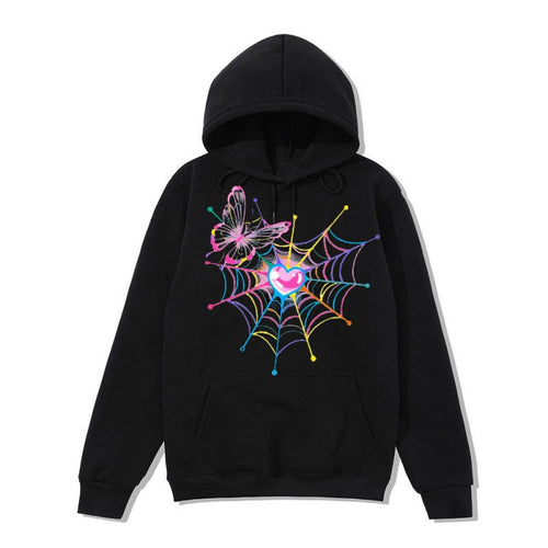 Kvinders hætte sweatshirt med kunstnerisk sommerfugl edderkoppespind motiv Skovae