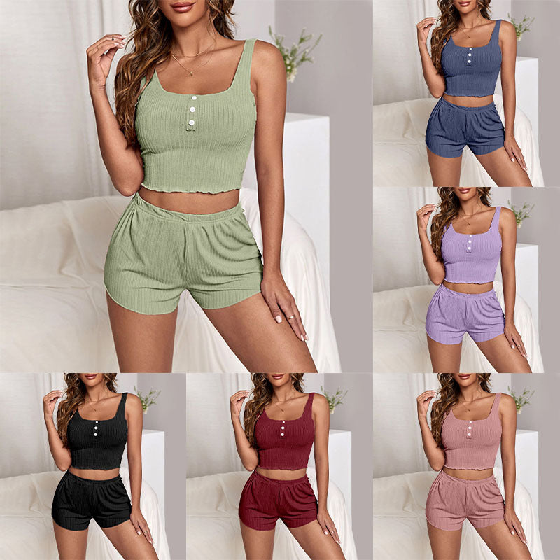 Dame Relaxed Crop-Top og Shorts Sæt med fint ribmønster og praktiske knapper Stilla