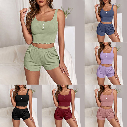 Dame Relaxed Crop-Top og Shorts Sæt med fint ribmønster og praktiske knapper Stilla