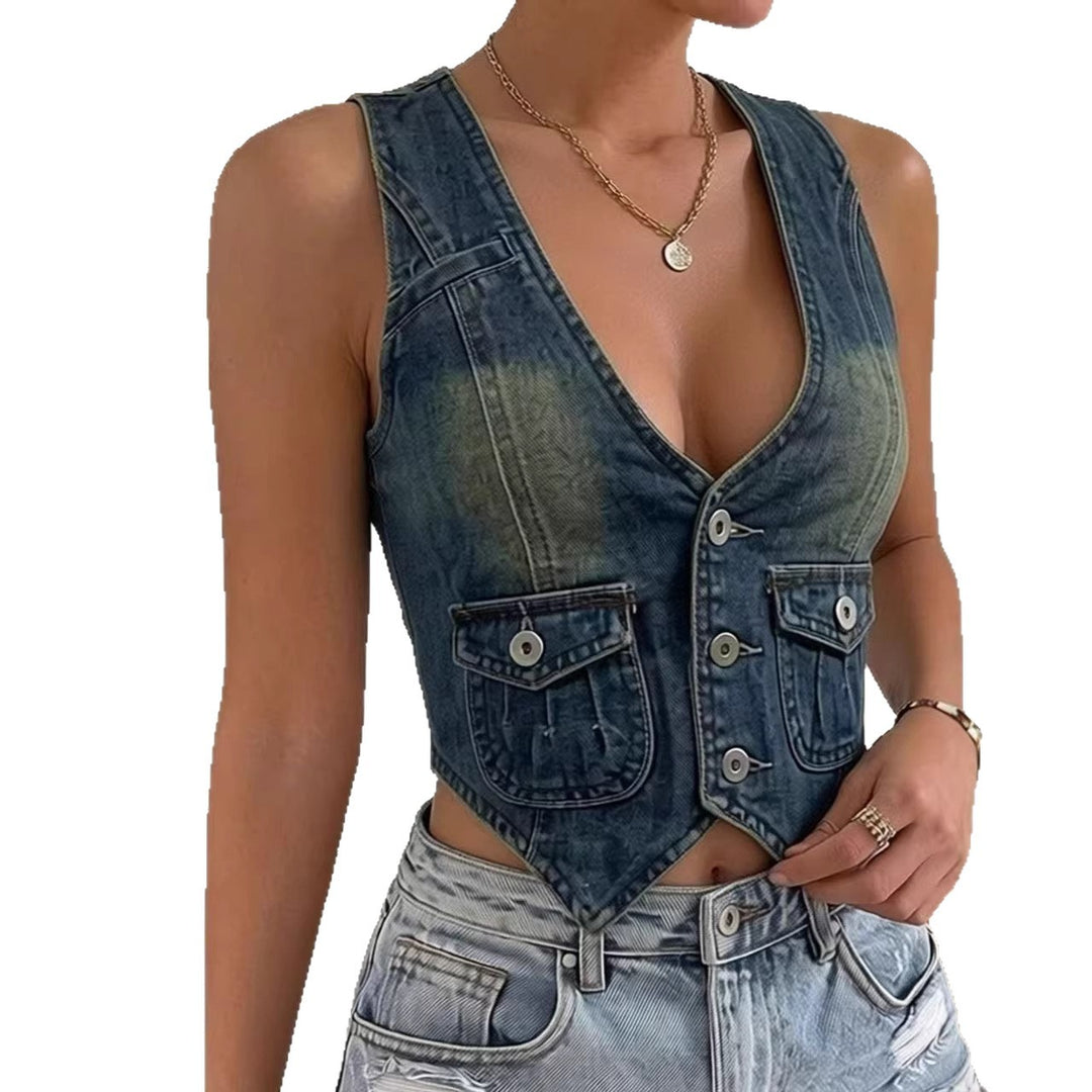 Damer ærmeløs denim-vest med påsyede lommer og dyb V-udskæring Skovae
