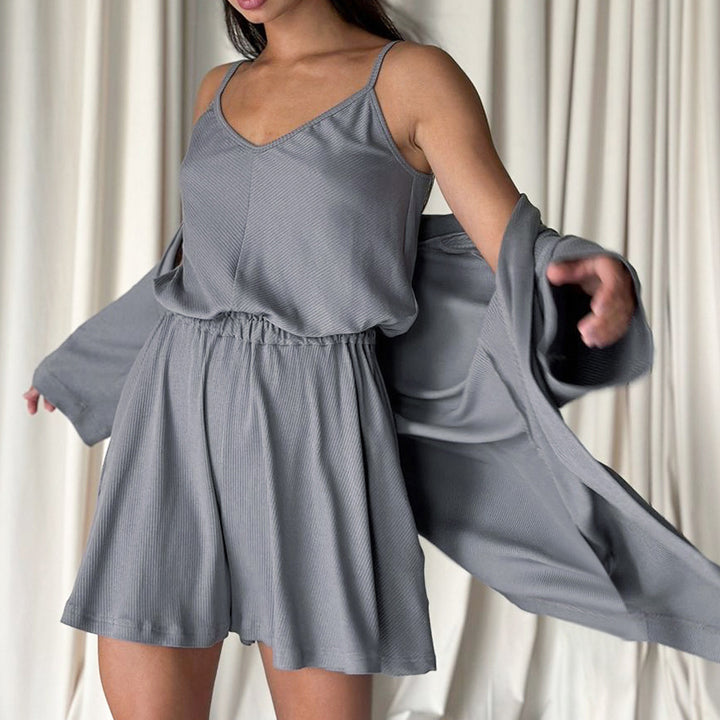 Dame Lounge-kjole med åben kimono og elastisk talje Stilla
