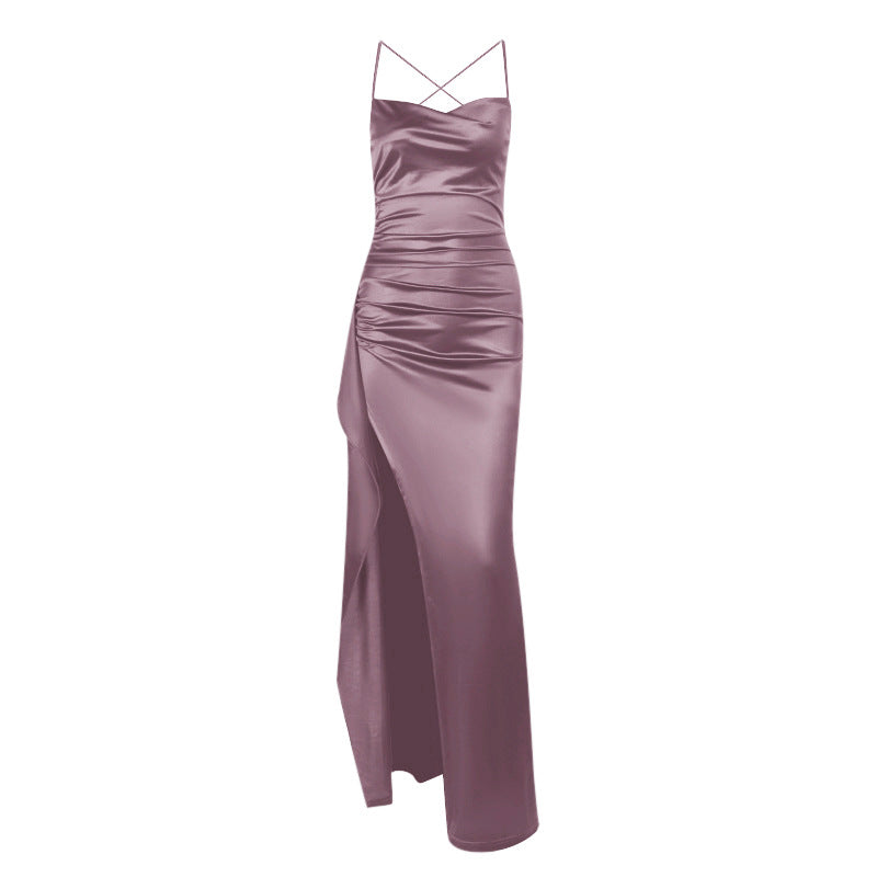 Dame elegant satin kjole med dyb slids og justerbare spaghetti stropper Skovae