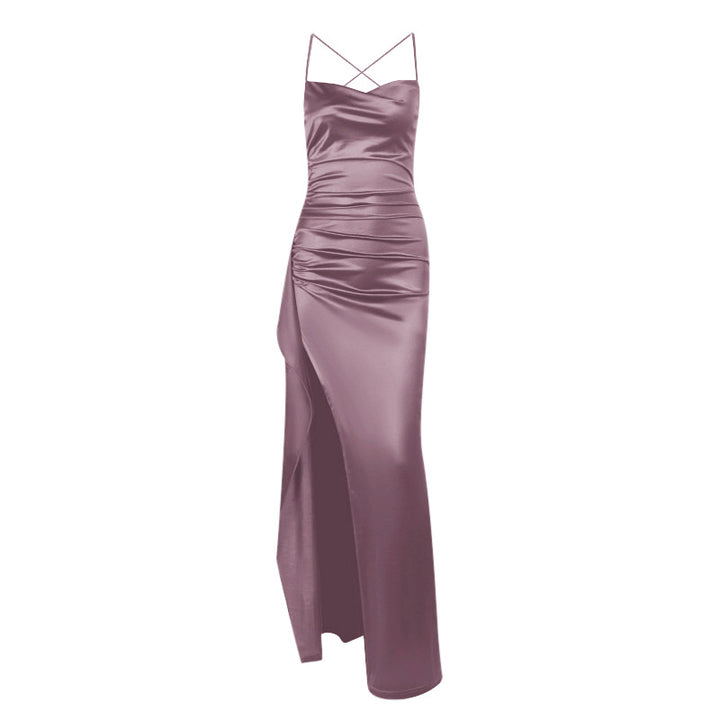 Dame elegant satin kjole med dyb slids og justerbare spaghetti stropper Skovae