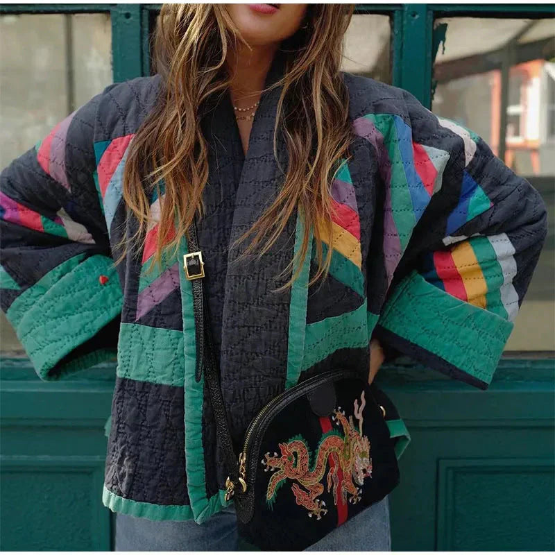 Stilla | STEP-Jakke Oversized Fit Patchwork-Design Hoflængde Lag