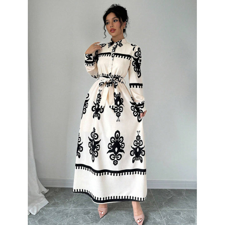 Dame Elegant Langærmet Maxi Kjole med Pyntet Design Stilla