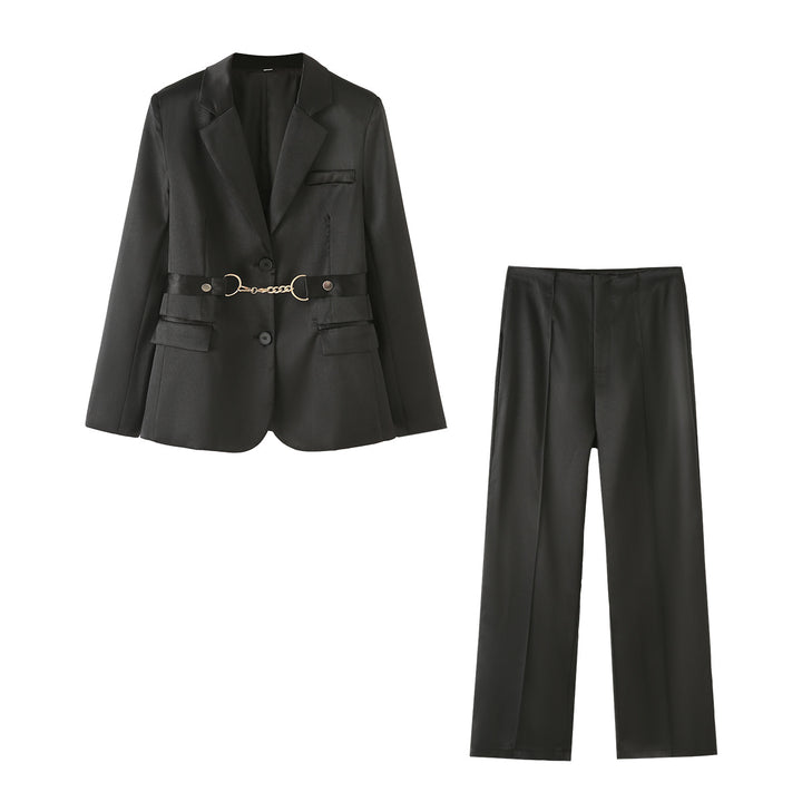 Dame elegant satin blazer sæt med kædeaccent Stilla