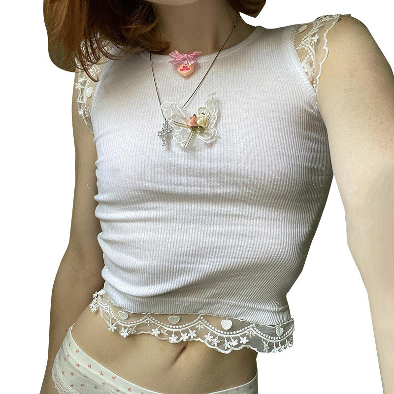 Dame delikat Crop-Top med romantisk blondekant Skovae