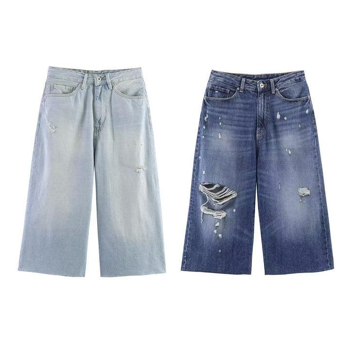 Damevidt skåret jeans i afslappet destroyed-design Skovae