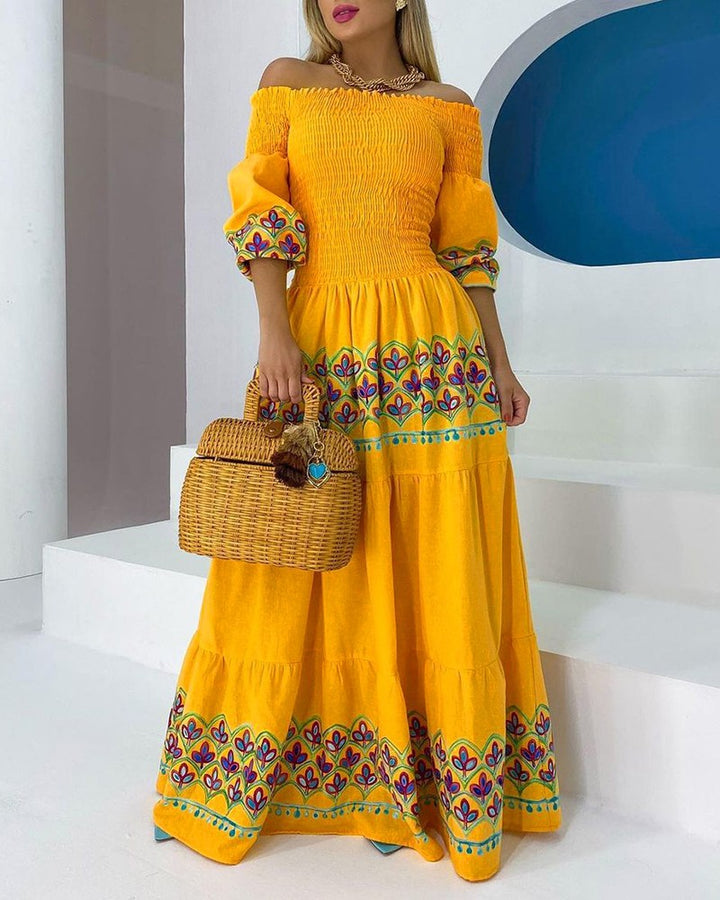 Kvinders Boho Maxi Kjole med Off-the-Shoulder Design og Legendes Broderi Detalje