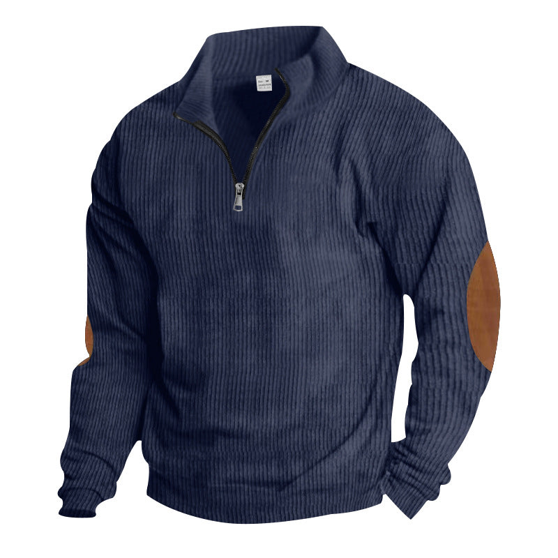 Herren nan ribbet finstrik pullover med kort lynlås ståkrave og læderlook albuepatches Skovae