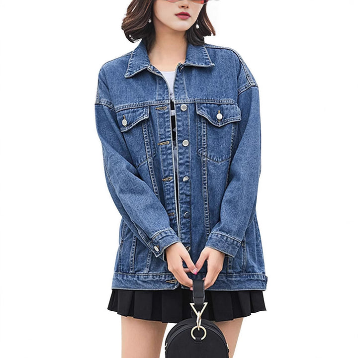 Dame Oversized Denim Jakke med Dekorative Trykknapper Stilla