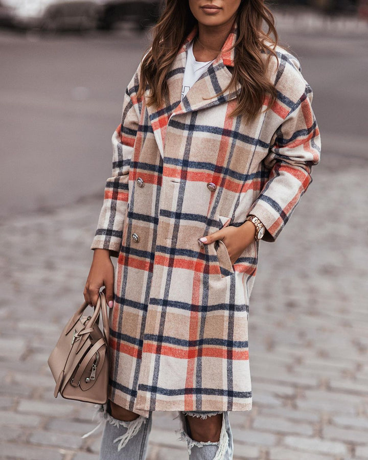 Dame oversized ternet frakke med dobbelt knaplukning og dybe lommer Stilla