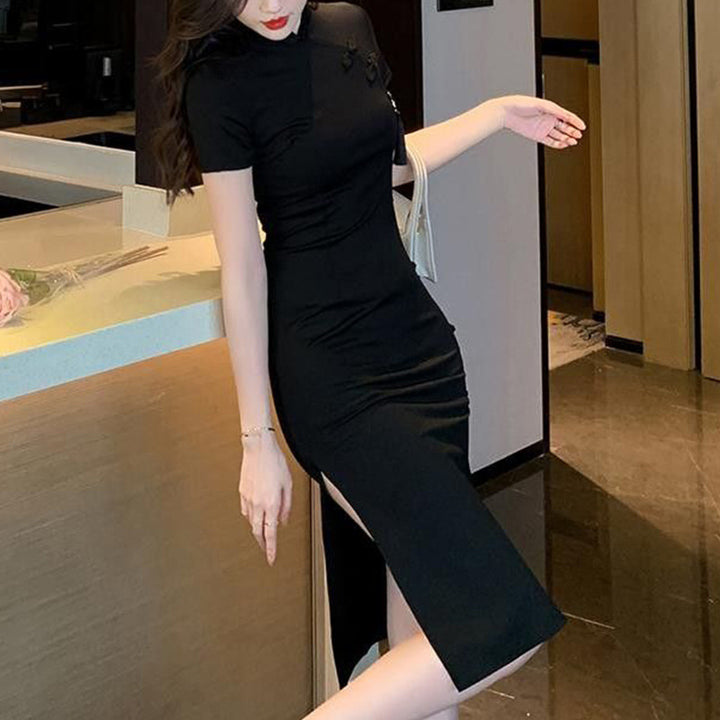 Damer elegant bodycon kjole med høj slids og korte ærmer Skovae