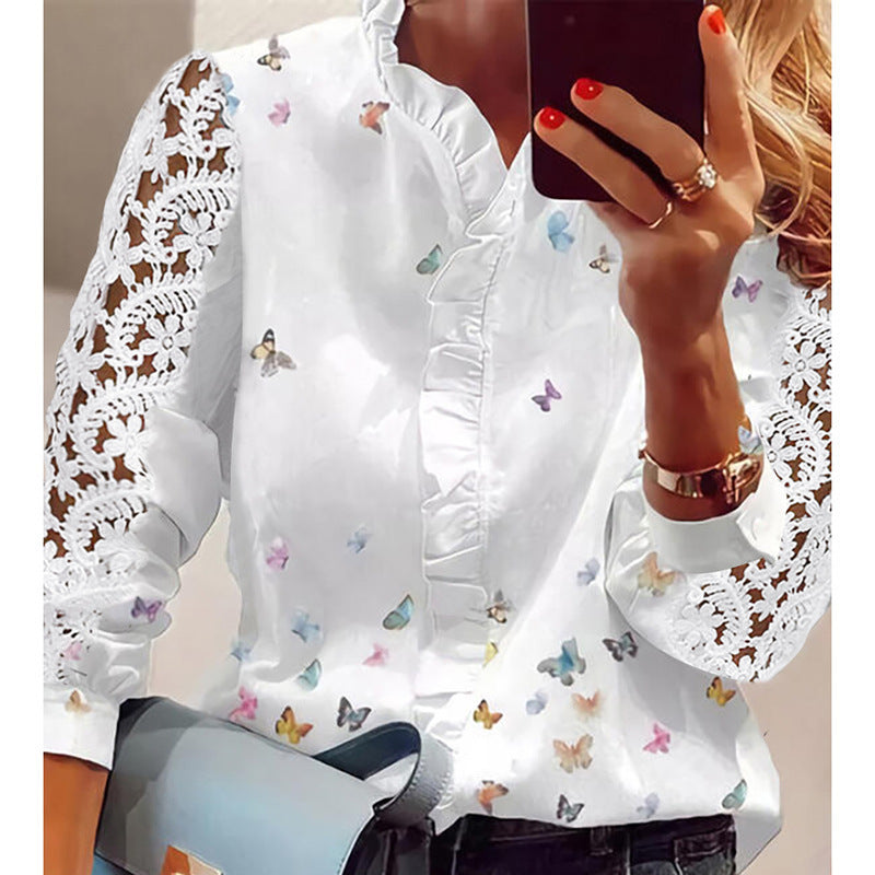 Dame elegant bluse med spidsærmer og sommerfugledetalje Stilla