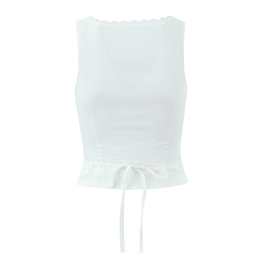 Dame Crop-Top med både raffineret knapdesign og sarte spidsdetaljer Stilla