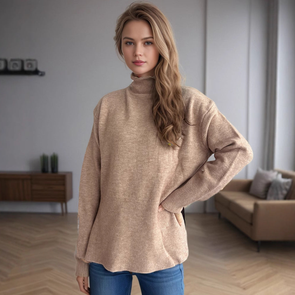 Dame casual sweater med høj krave og praktiske sidelommer Stilla