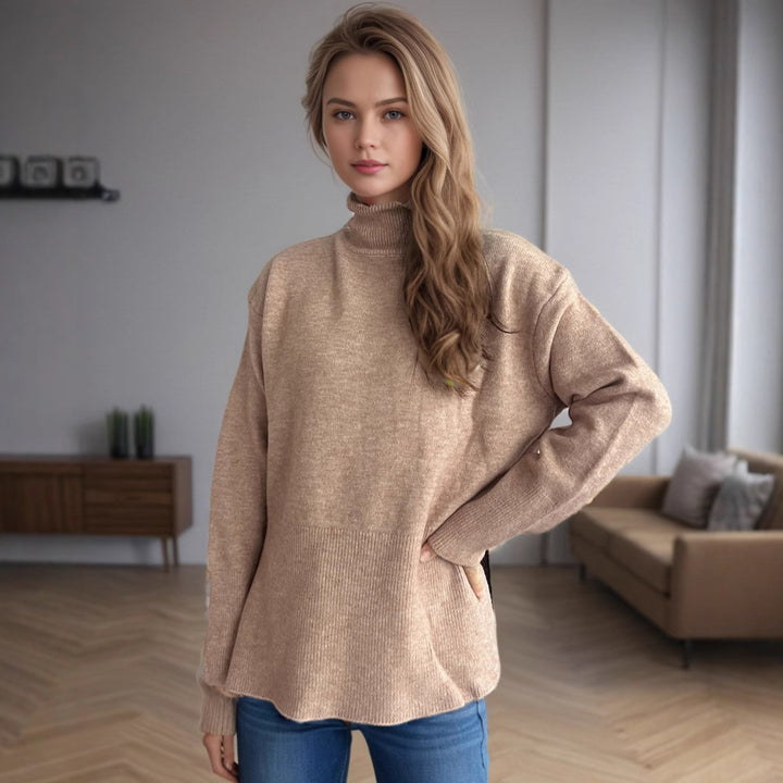 Dame casual sweater med høj krave og praktiske sidelommer Stilla