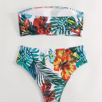 Dame Bandeau-Bikini-sæt med tropisk blomsterdesign Skovae