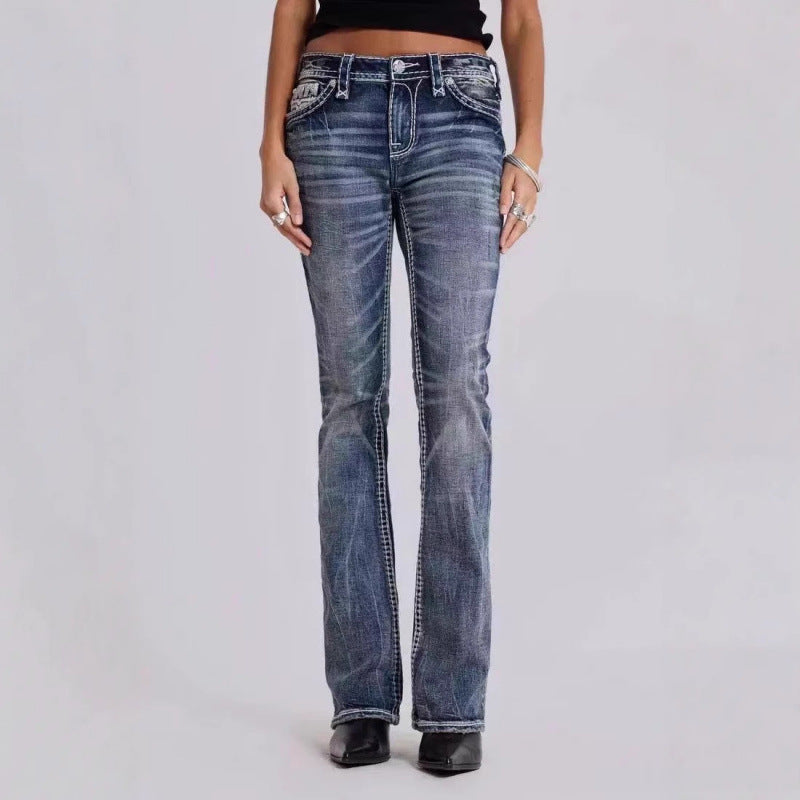 Dame Flared Bootcut Denim Jeans med dekorative syninger Stilla
