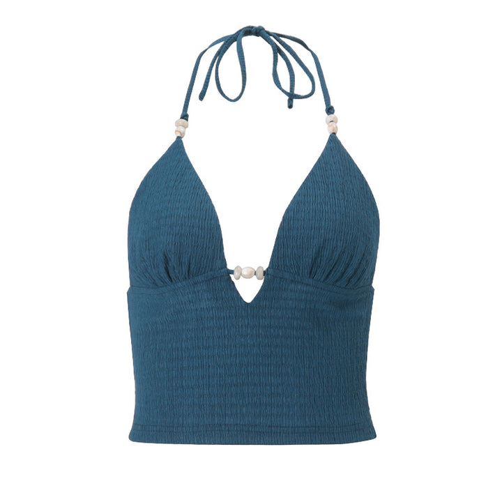 Dame strandtop i boho-stil med stilfulde flæser og justerbare stropper Stilla