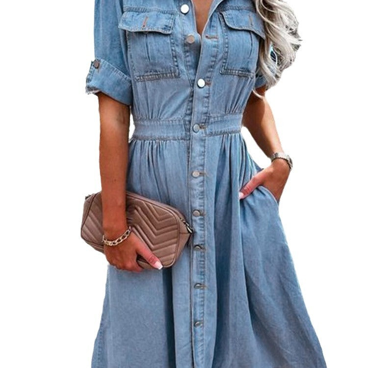 Kvindernes denim skjortekjole med praktiske lommer og elegant talje Stilla