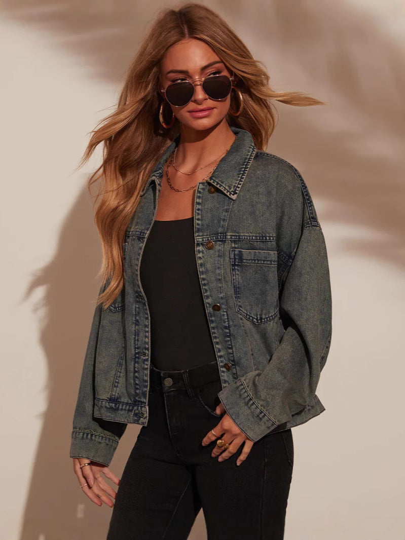 Dame Oversized Denim-jakke i afslappet snit med praktiske lommer Stilla
