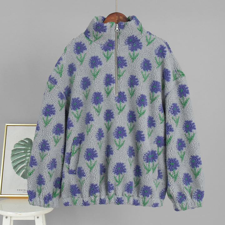 Dame fleece pullover med blomsterprint og høj krave Stilla