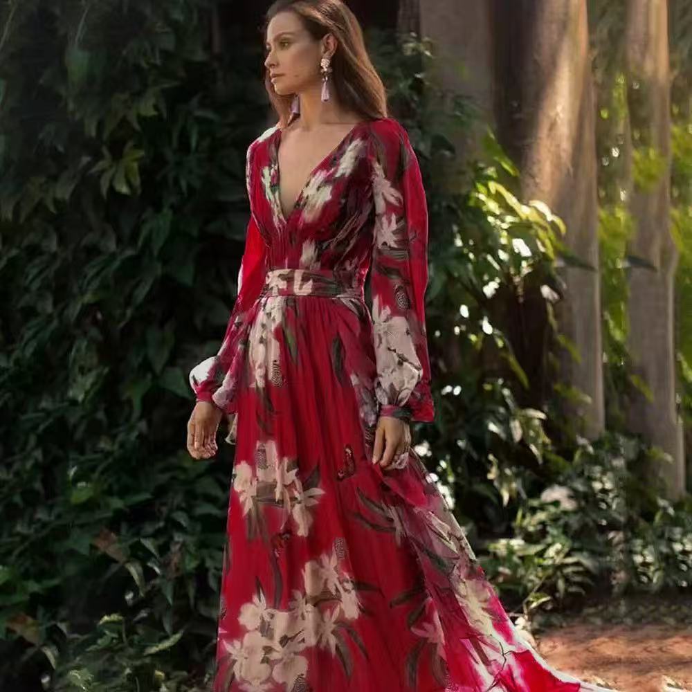 Dame Boho Maxi-Kjole med dyb V-udskæring og elegante puffærmer Stilla