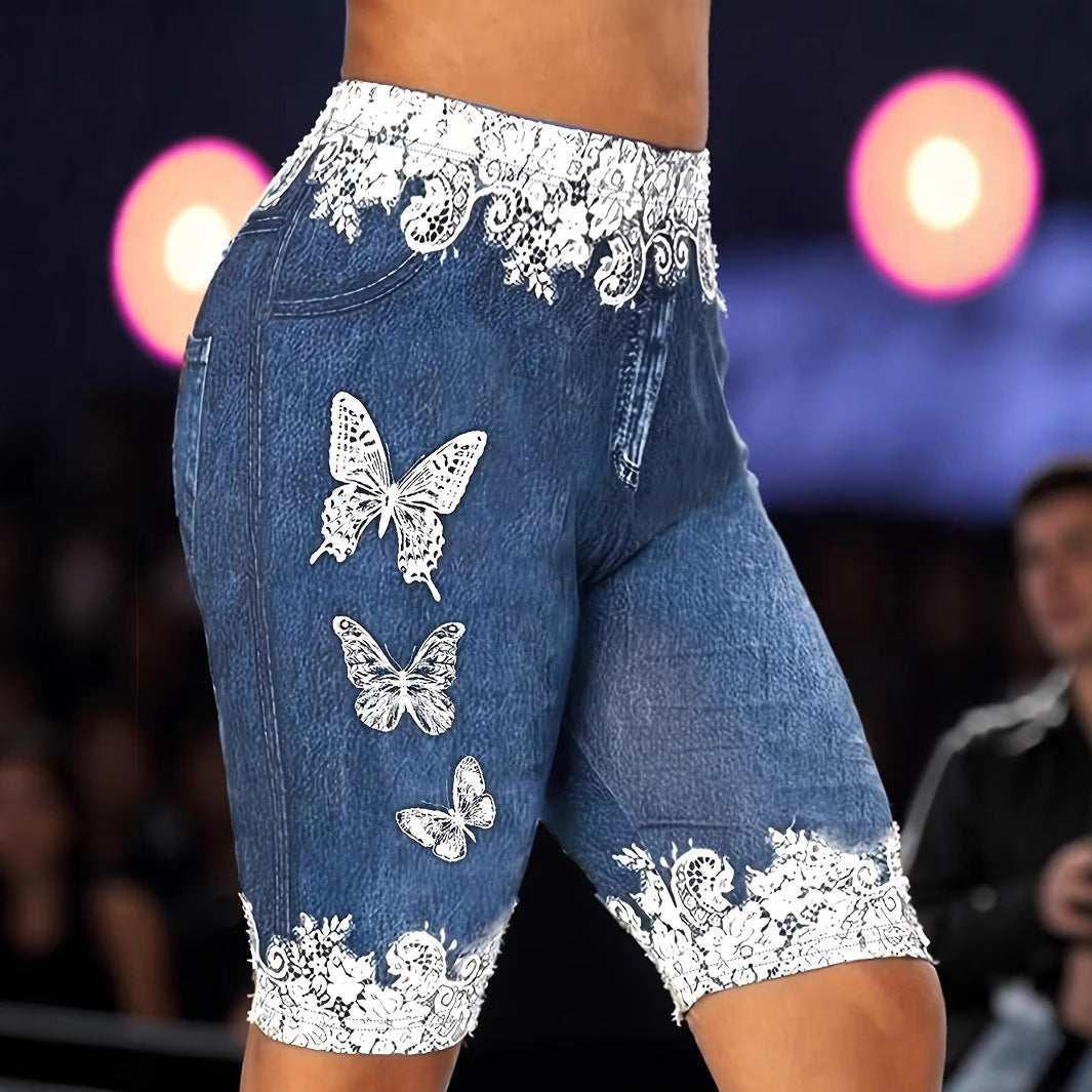 Dame designer-shorts med blomster-spids-og sommerfugle-applikationer Stilla