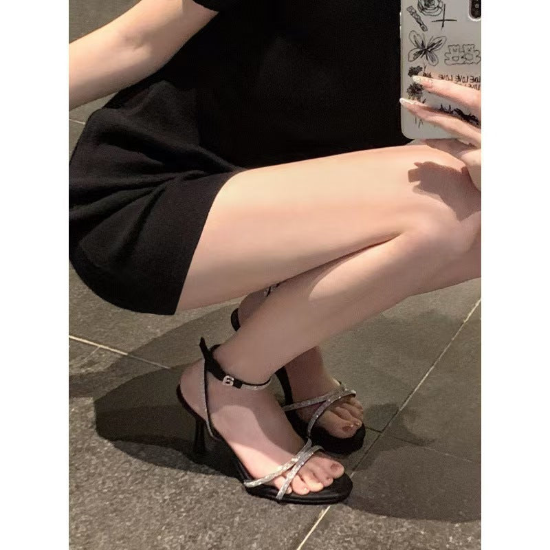 Dame Elegante Rem Sandaler med Hæl med Rhinestone Accenter Stilla