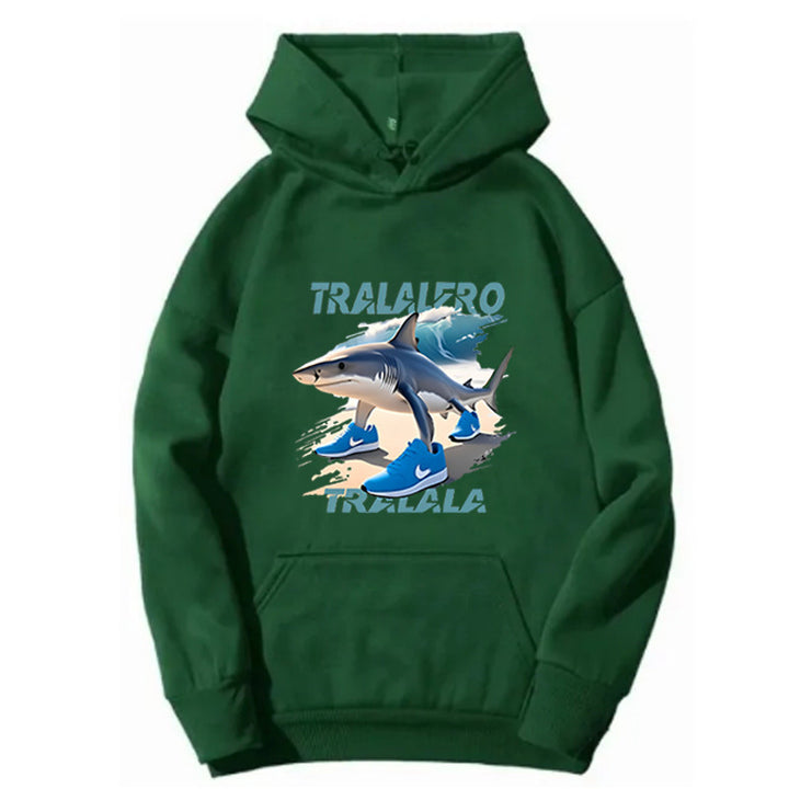 Dame hoodie med sjov hajmotiv og grafiske elementer Skovae