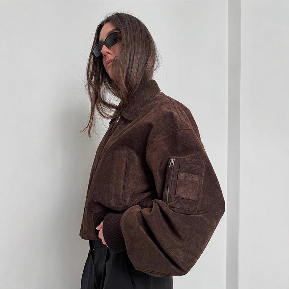 Dame Oversized Suede Jakke med Polstrede Ærmer Stilla