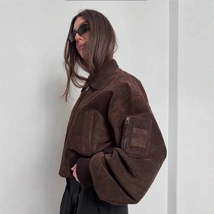 Dame Oversized Suede Jakke med Polstrede Ærmer Stilla