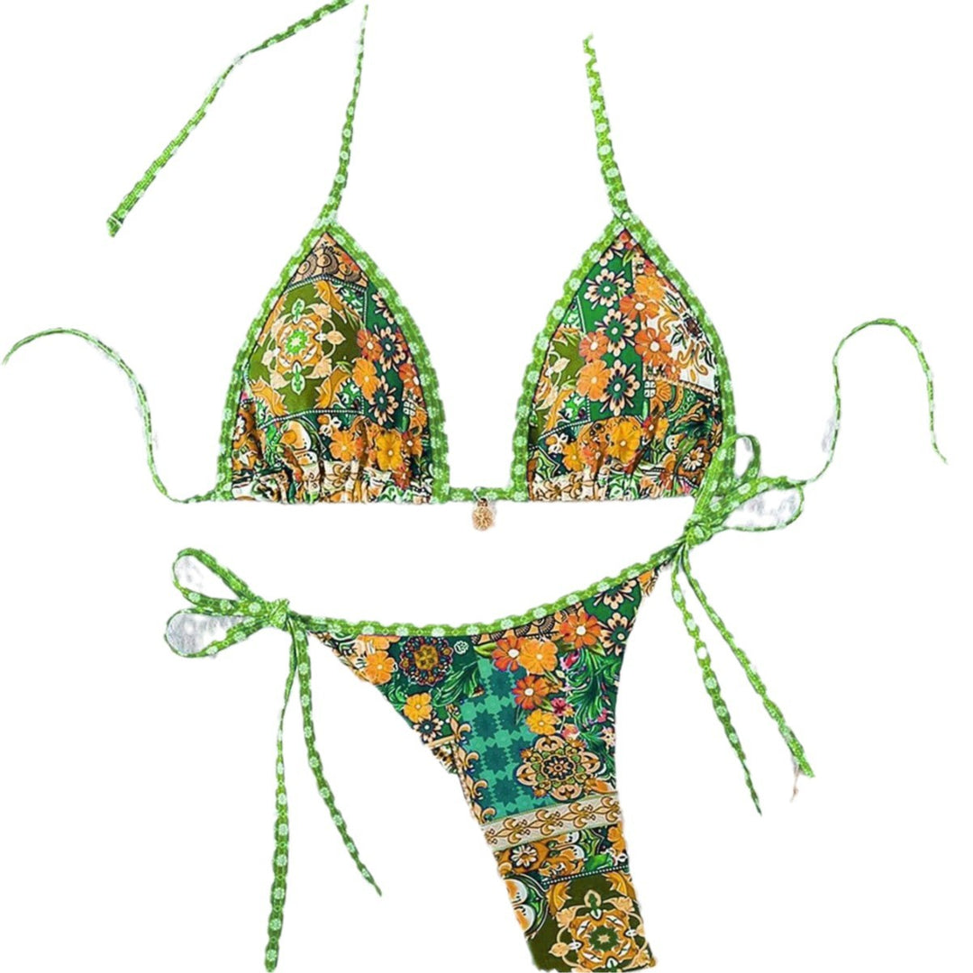 Dame triangel-bikini med farverigt blomster mønster mix og justerbare stropper Skovae