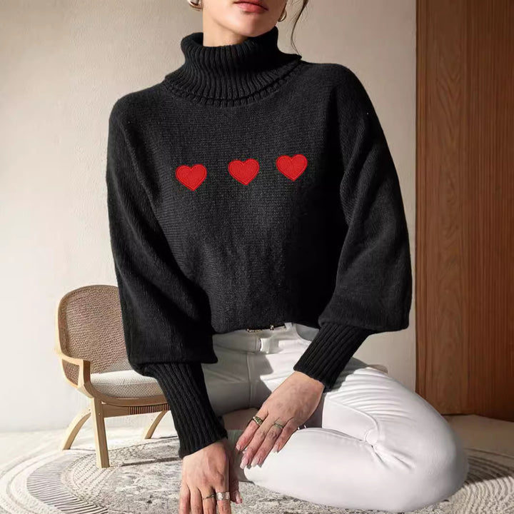 Kvinders sweater med høj krave og legende hjerteapplikationer Stilla