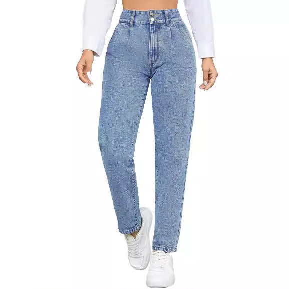 Kvinders højtaljede boyfriend jeans med klassisk snit og knapdetaljer Stilla