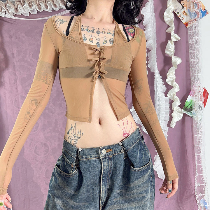 Dame langærmet mesh bluse med justerbart knude-design Skovae