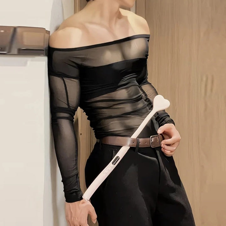 Dame nan transparent mesh langærmet top med tætsiddende brystbånd og bred rund halsudskæring Skovae