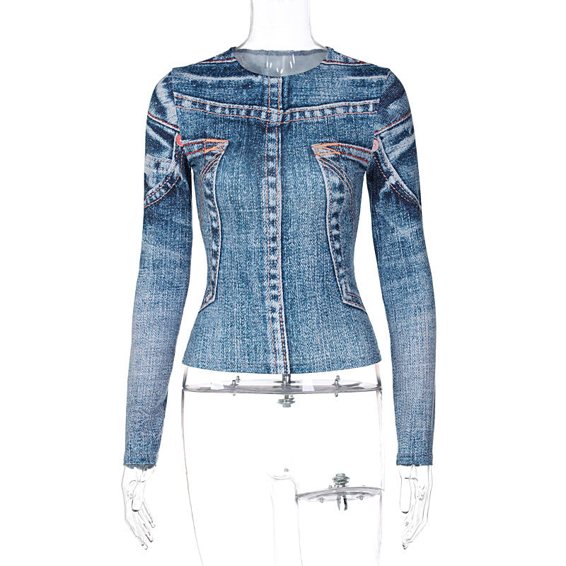 Dame tætsiddende Denim-overdel med lange ærmer og unikt print Stilla
