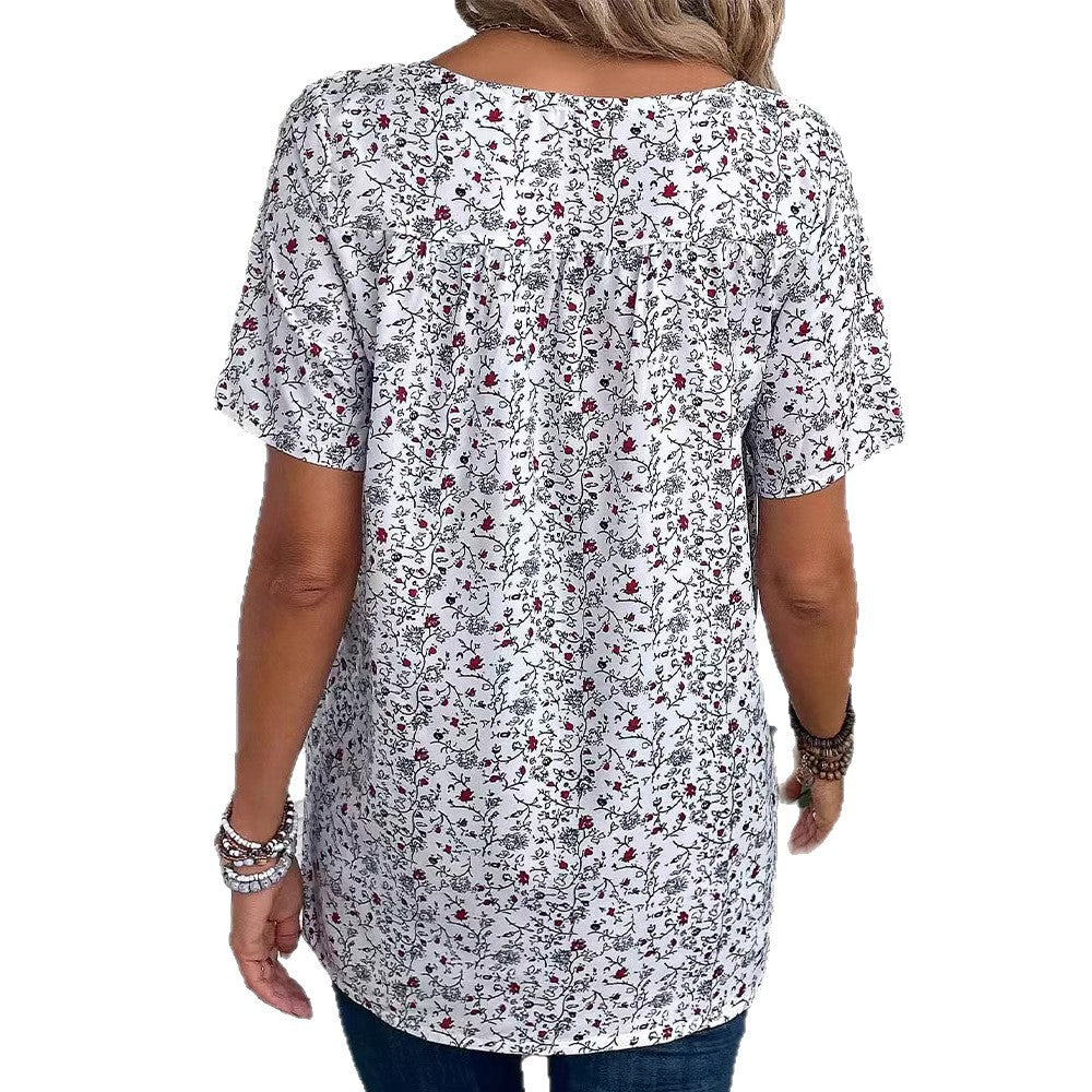 Dame nan locker skåret kortærmet bluse med V-udskæring, fint blomsterprint og skjult plissering Skovae