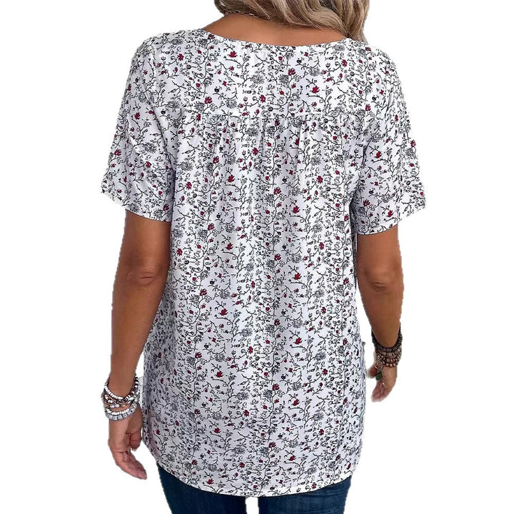 Dame nan locker skåret kortærmet bluse med V-udskæring, fint blomsterprint og skjult plissering Skovae