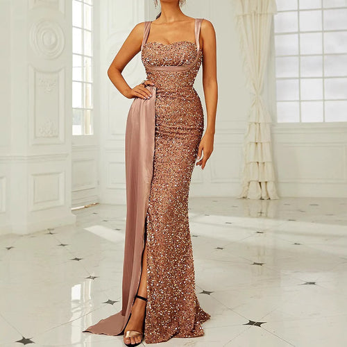 Damer Glamorous Aftenkjole med Glitrende Pailletter og Elegant Slids Skovae