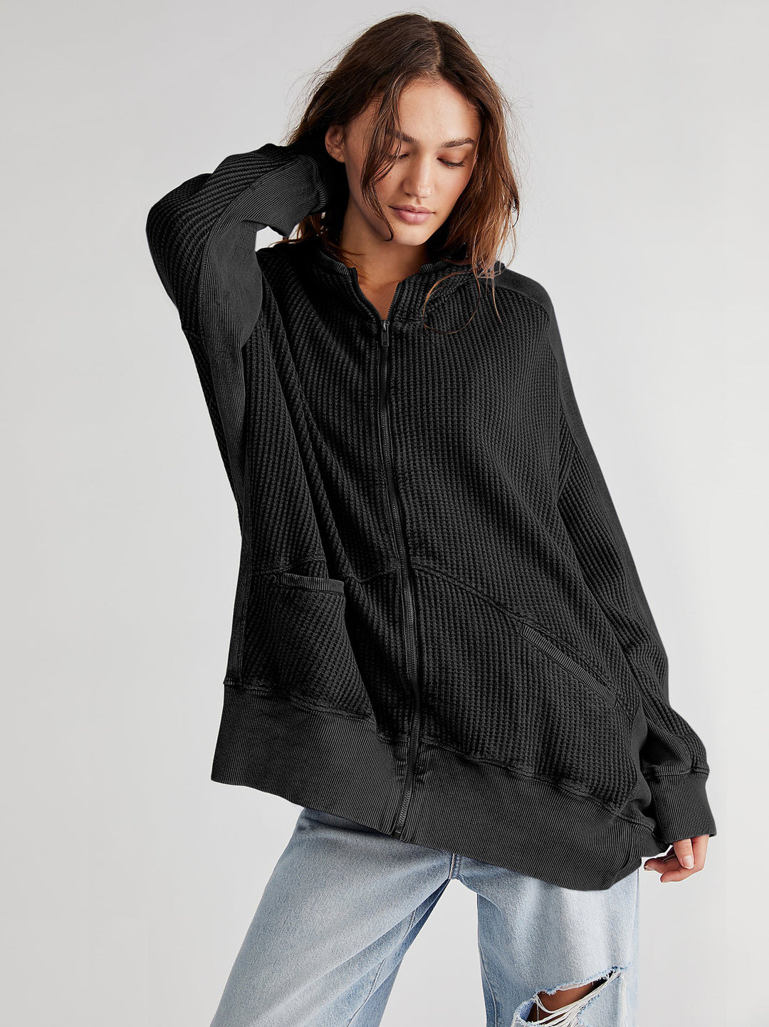 Dame afslappet oversized hoodie i karakteristisk vaffelmateriale Stilla